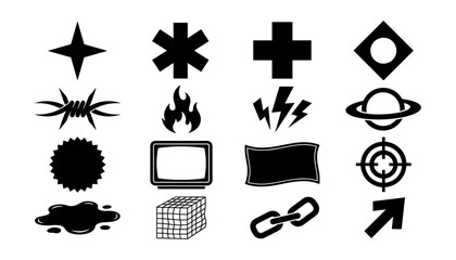 Y2K Black Silhouette Geometric Shapes Vector Set with Barbed Wire, Fire Flame, Crosshair, Star, and Lightning Icons for Streetwear Graphic Designs © Md