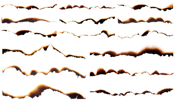 Collection of burnt paper edges isolated on transparent background
