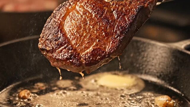 Chef searing beef steak in cast iron skillet with tongs, butter and garlic