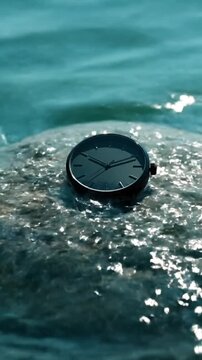 Minimalist black wristwatch resting on a stone at the beach, luxury timekeeping and nature concept.