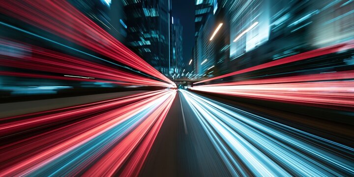 Urban Highway at Night with Vibrant Traffic Light Trails and Illuminated City Skyline