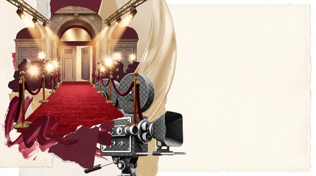 Venice Film Festival red carpet with velvet ropes and cinema camera in a luxurious mixed-media editorial collage with copy space
