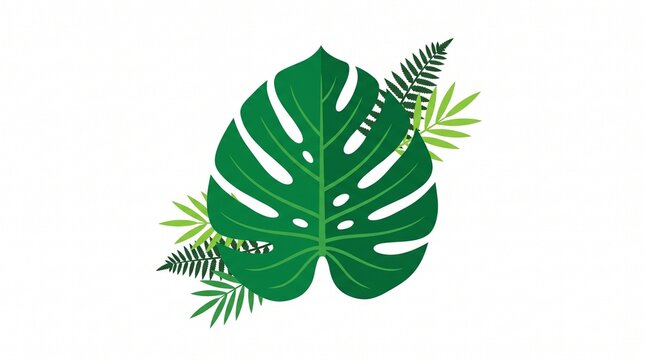 Tropical botanical vector illustration featuring green monstera leaf and fern branches on white background