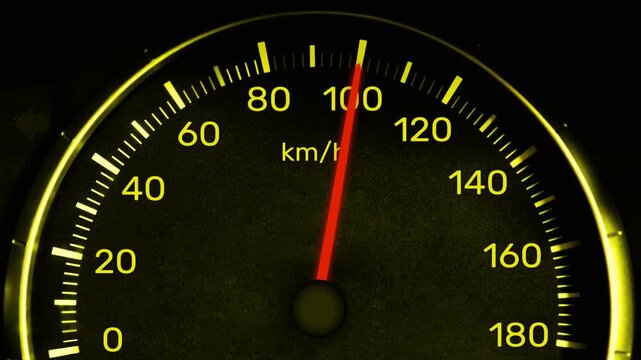 Automotive speedometer gauge accelerating from zero to high speed, vibrant yellow needle movement, vehicle dashboard metric display, driving performance monitoring