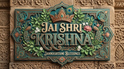 Fototapeta premium Jai shri krishna lettering in elegant metallic font surrounded by ornate leaf patterns crown and peacock designs on stone texture.