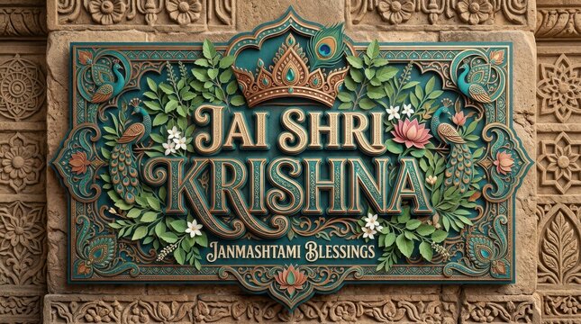 Jai shri krishna lettering in elegant metallic font surrounded by ornate leaf patterns crown and peacock designs on stone texture.