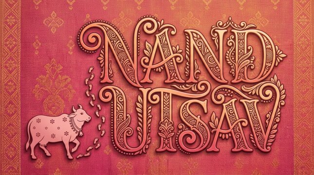 Nand utsav text design with traditional indian motifs and a cute cow illustration set against a decorative crimson fabric background.