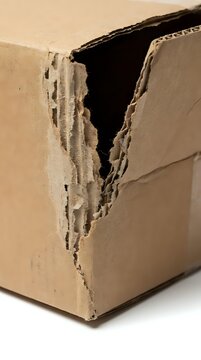 Torn cardboard box with ragged edges and dark interior opening