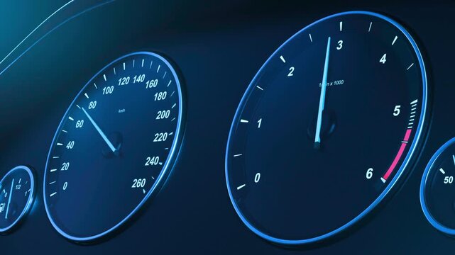 closeup of car dashboard speedometer and tachometer gauges showing increasing speed and engine RPM, automotive performance indicator, travel, speed, motion, acceleration, driving technology