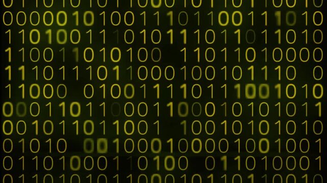 Continuous stream of yellow binary code zeros and ones on dark background representing computer data processing and cybersecurity