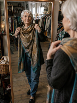 Senior woman trying on a patterned scarf in a thrift store mirror. Older female customer shopping for second-hand clothes in a vintage boutique. Sustainable fashion and budgeting concept