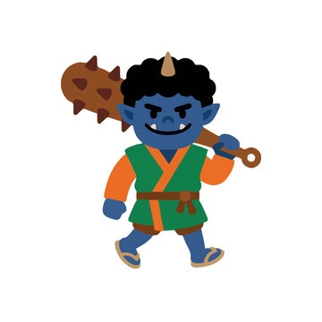 Blue Japanese oni demon with single horn carrying a spiked club on shoulder, traditional folklore character design