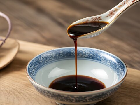Pouring rich soy sauce into white ceramic dipping bowl on wooden table for Asian cuisine