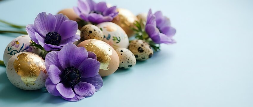 Purple anemone flowers with golden ornamental balls on blue surface