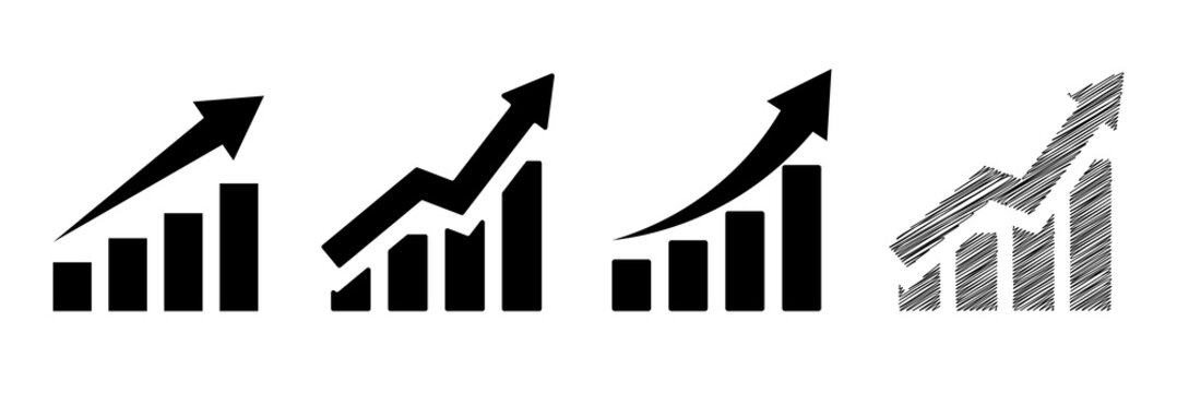 Chart icon suitable. Bar graph icons in silhouette style. Statistic and data, charts diagrams, money, up arrow Growth icon set. Bar chart icon simple graphics set. Increasing stocks icon