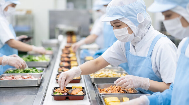 食品工場で弁当の盛り付け作業をする作業員たちの製造ライン