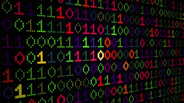 Digital binary code background with scrolling multi-colored zeros and ones representing software development, programming language, data stream, network security
