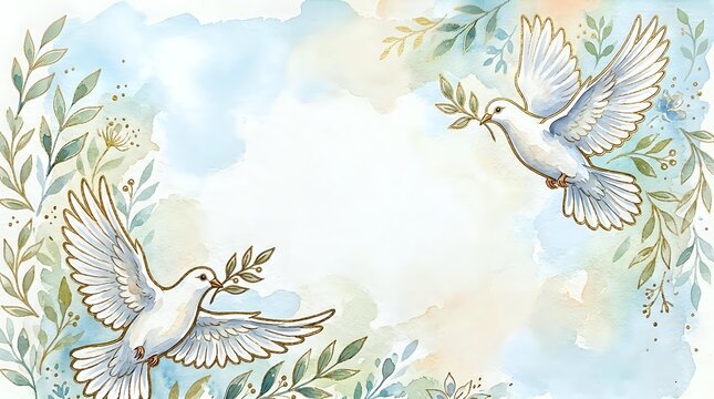 Watercolor illustration of two white doves flying among foliage