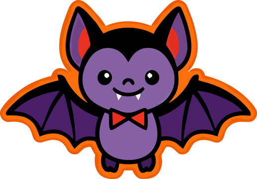 Cute cartoon vampire bat character with a bow tie isolated on a black background for halloween design