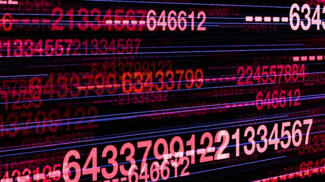Digital data stream of red flickering numbers moving on a black background, cybersecurity monitoring, financial analytics, software code processing