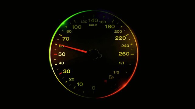 Digital speedometer dial gauge with red needle accelerating, automotive dashboard interface, performance tracking, speed measurement, vehicle engine monitoring
