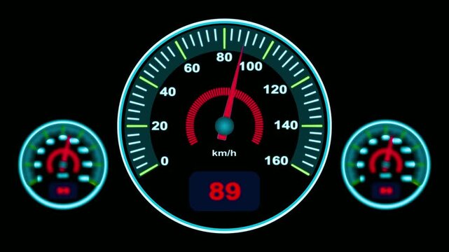 Digital speedometer dashboard interface showing speed increase, motion tracking, automotive performance monitoring, tech data visualization for transport systems