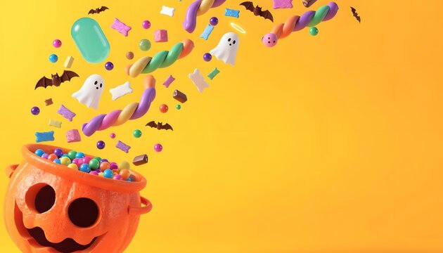 3D Halloween Pumpkin Bucket Flying Candies Marshmallows Ghosts and Bats Background