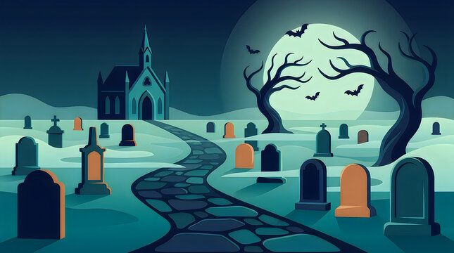 Spooky cemetery scene with haunted tree under moonlight