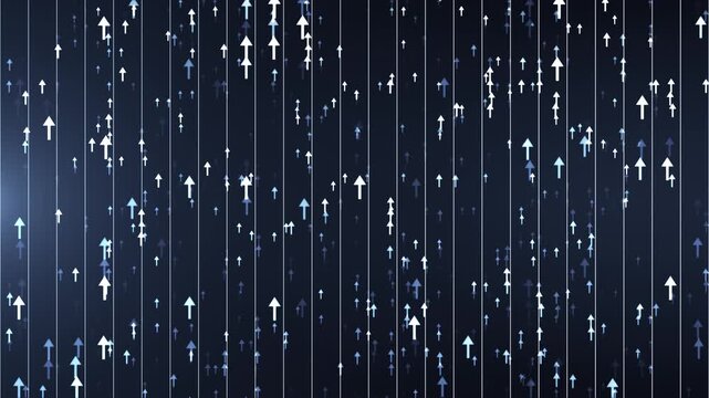 Animation of abstract neon arrows flying upward. Digital technology background.
