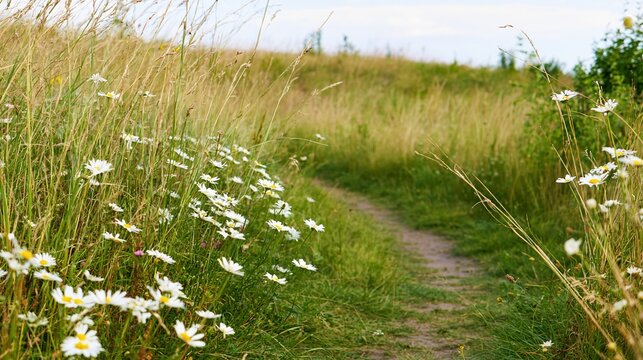 disappearing. A winding country path overgrown with wild grass and daisies under a cloudy sky. travel magazines, destination branding, designed for outdoor magazines and nature guides.
