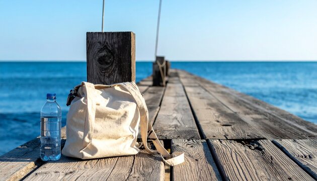 Canvas bag and water bottle resting on wooden seaside pier