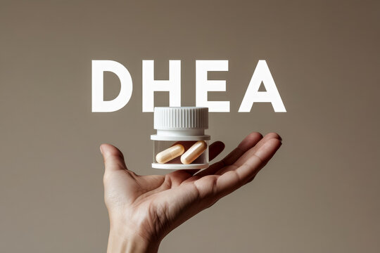 DHEA capsules hormone produced adrenal glands, production testosterone and estrogen AI Generative