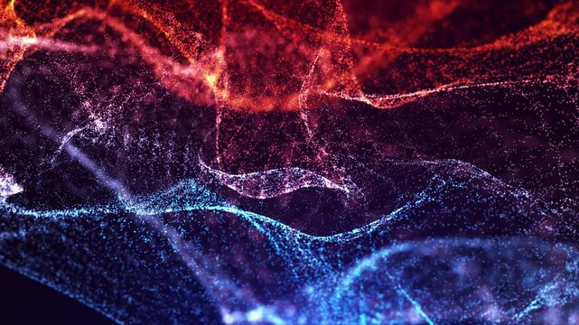 Abstract, smoothly moving particles forming multi-layered waves of rich red and blue hues, creating a futuristic digital background that embodies the energy of technology