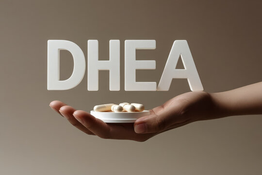DHEA capsules hormone produced adrenal glands, production testosterone and estrogen AI Generative