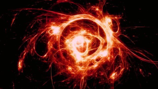 Fiery glowing abstract orb with swirling energy trails and plasma particles, dynamic light formation, perfect for sci-fi backgrounds or space effects