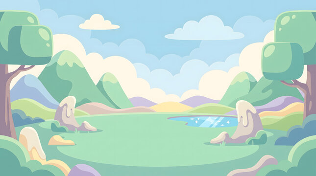 Pastel Landscape Illustration Featuring Rolling Hills and a Serene Natural Meadow Environment