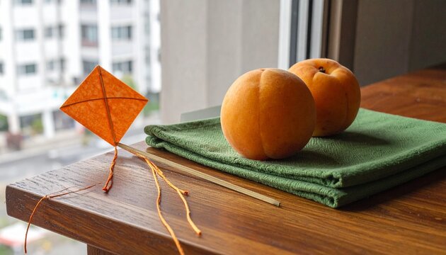 Two peaches and kite on balcony with urban backdrop