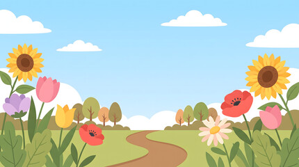 Naklejka premium Beautiful Floral Path Illustration in a Sunny Spring Garden Landscape Scene