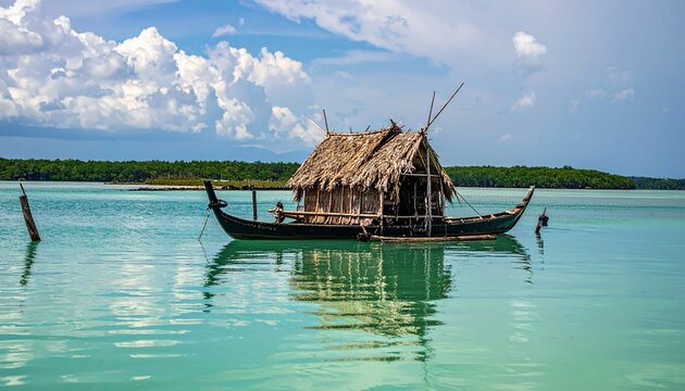 Rustic wooden boat with thatched hut on turquoise water
