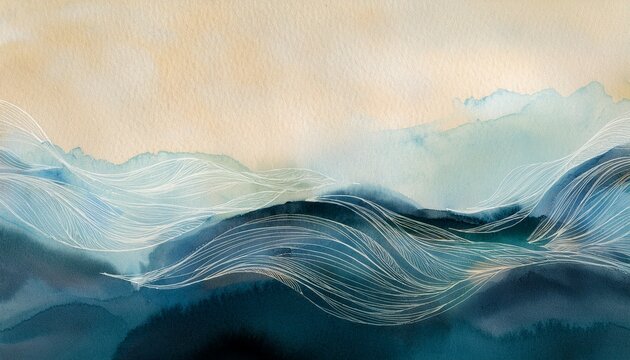 ink watercolor hand drawn smoke flow waves landscape on wet grain paper texture background beige blue colors