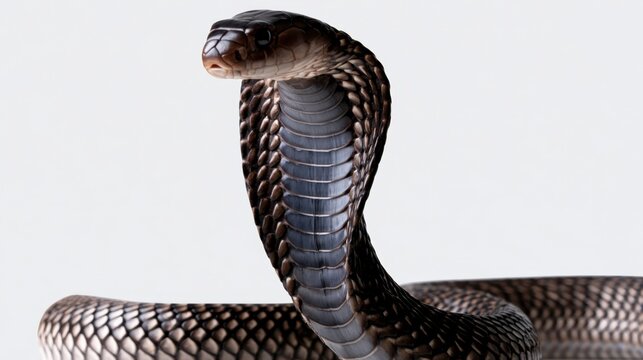 A close-up view of a cobra with an elegantly coiled body and striking scales against a plain background