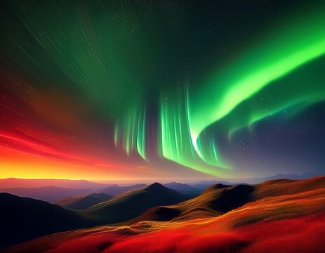 a beautiful green and red aurora dancing over the hills