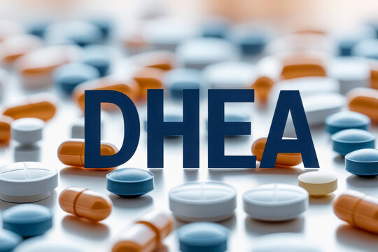 DHEA capsules hormone produced adrenal glands, production testosterone and estrogen AI Generative