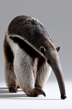 A close-up view of an anteater in a neutral setting, showcasing its distinctive features