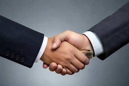 Business handshake with hidden cash payment symbolizing bribery and corruption