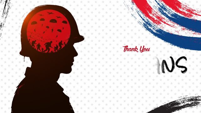 Thank You, Veterans Honoring All Who Served Text Animation with Soldier Helmet Silhouette Double Exposure Combat Scene Animation