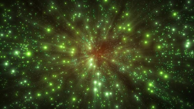 Abstract green cosmic particles emanating from a bright center, creating a striking futuristic space background with radiant energy, a sense of depth, and dynamic motion.