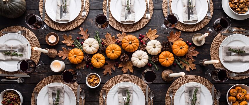 Top-down flat lay view of a Thanksgiving rustic table setup