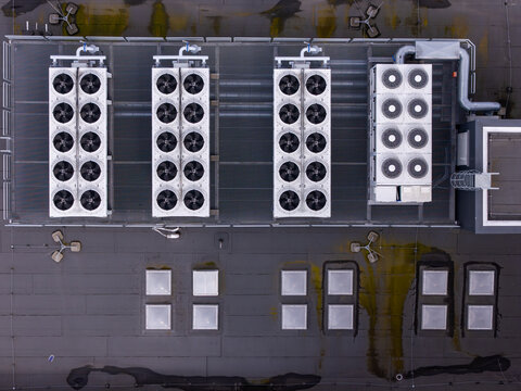 Aerial view of HVAC cooling units on the roof of a data center in Gdansk, Poland.