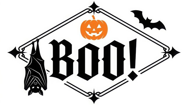 Halloween boo text design with a hanging bat and a jackolantern pumpkin